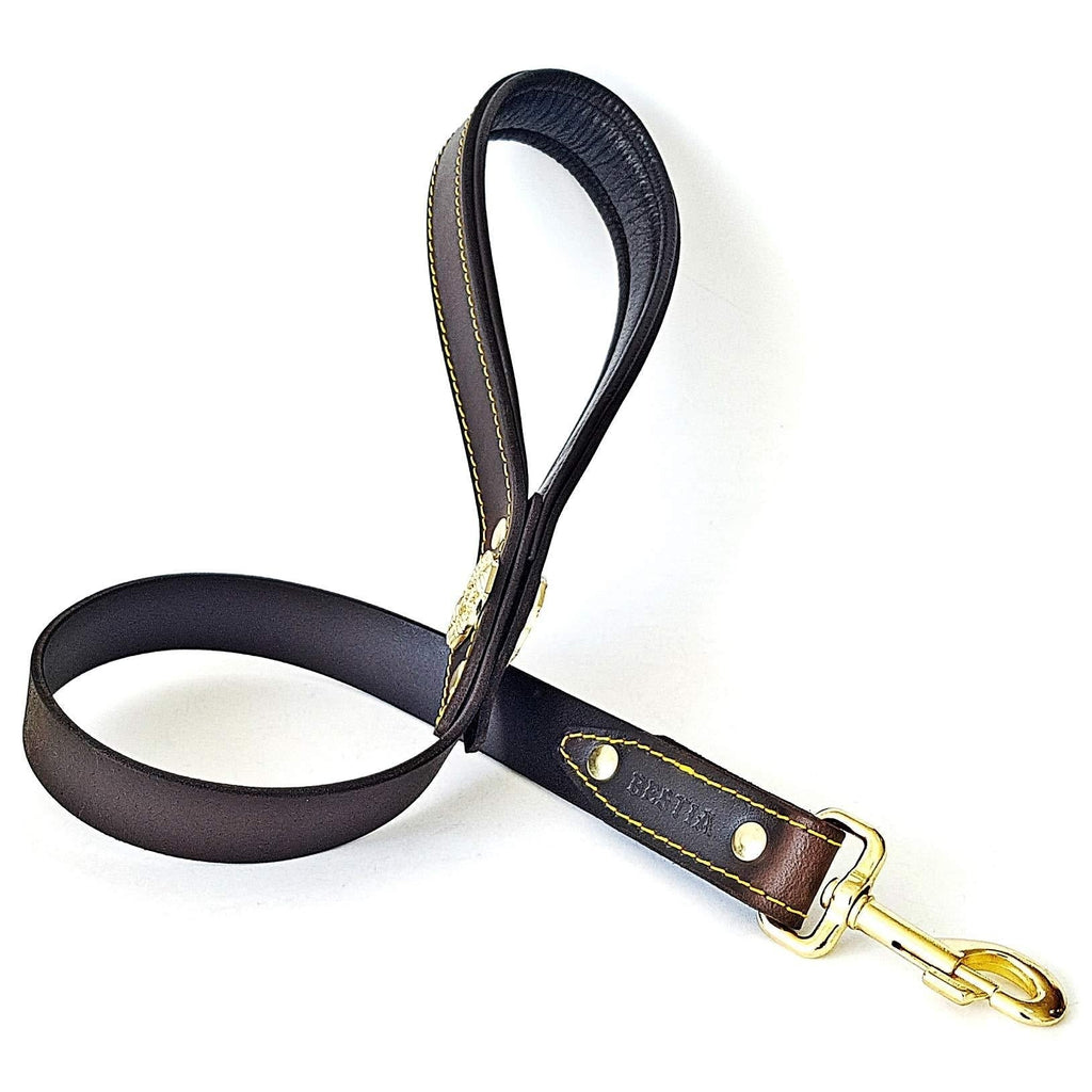 Bestia genuine leather heavy duty short leash. 35.5 inch long, 1.2 inch wide. Soft padded handle. Handmade quality Brown & Gold - PawsPlanet Australia