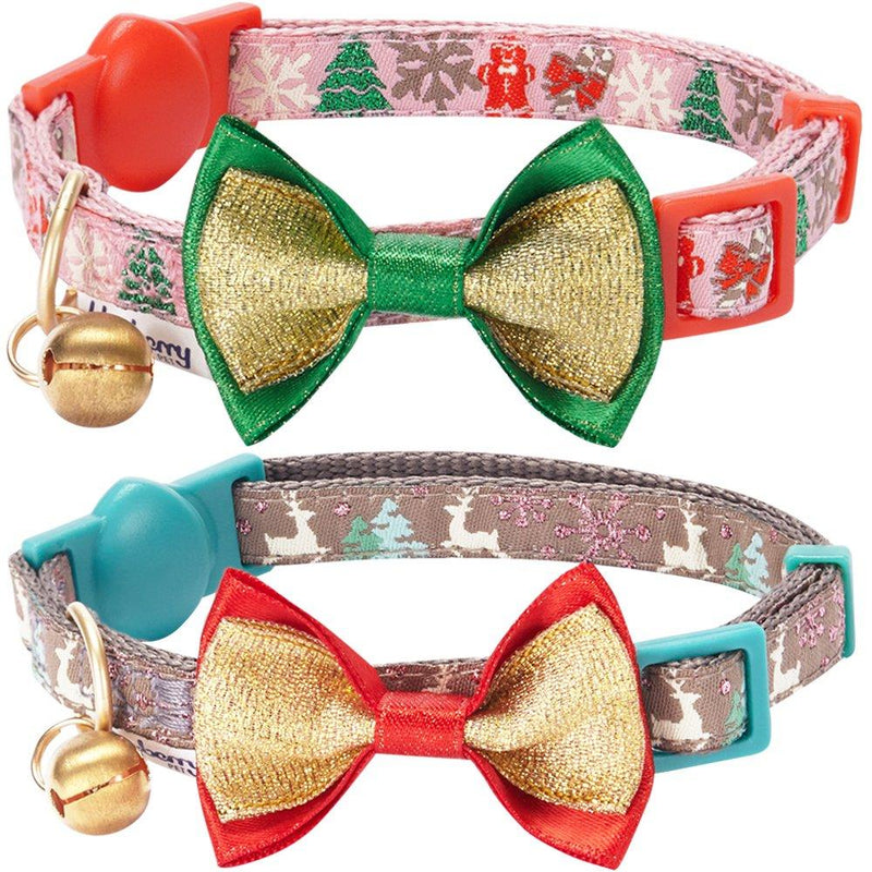 [Australia] - Blueberry Pet 3 Patterns Holiday Celebration Cat Collars 9"-13" Neck Pack of 2 - Christmas Trees 