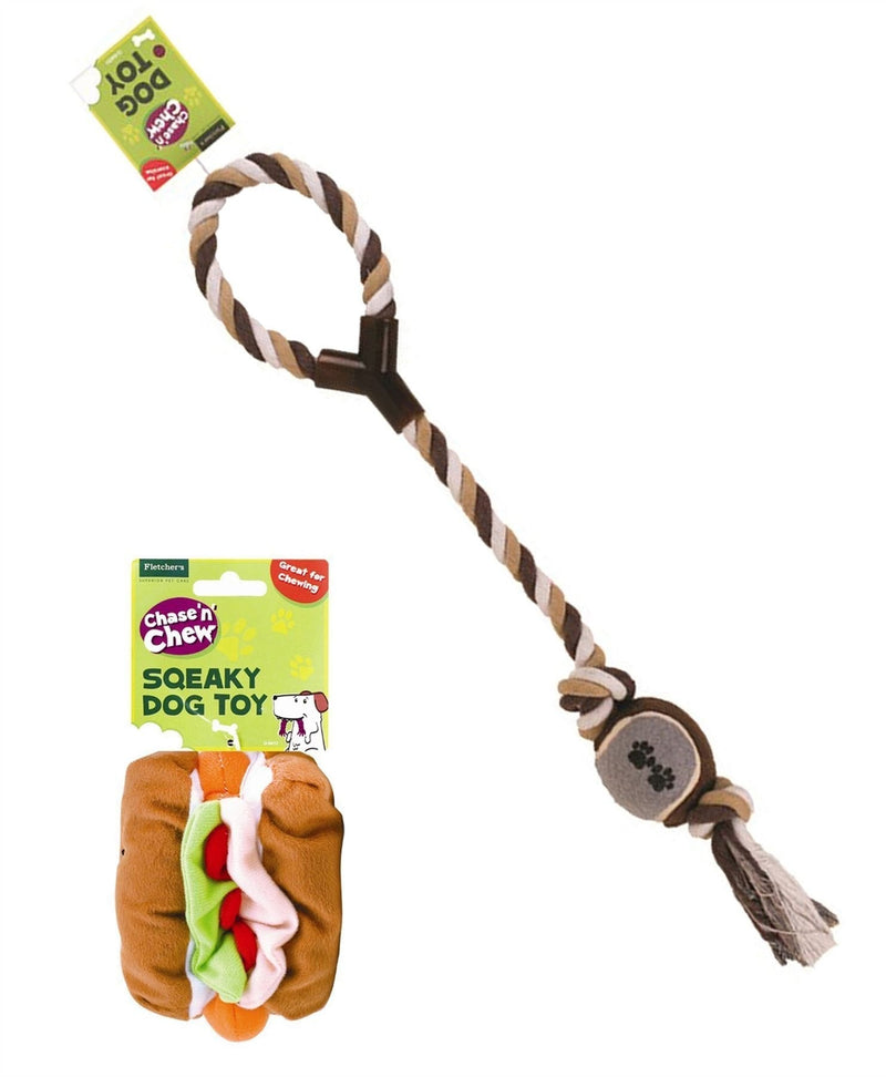 LOT SHOP Fast Food Squeaky Dog Toy Hot Dog Bundle with Rope Toy in Brown Pack of 2 Hot Dog-Brown Rope - PawsPlanet Australia