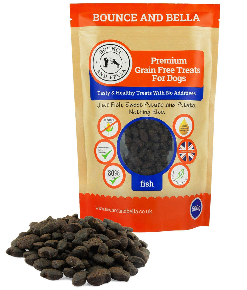 Bounce and Bella Grain Free Dog Training Treats - 1000 Tasty Treat Pack - 80% Steam Cooked Fish 20% Potato & Sweet Potato - Hypoallergenic with Omega-3, Vitamins A & D3 for Healthy Dogs (1 pack) 1 Pack (500g) - PawsPlanet Australia