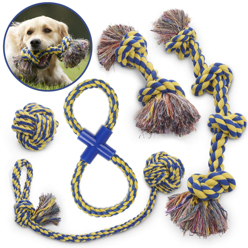 Rope Dog Toys 5 Pc. Set – Heavy-Duty, Washable Dog Toy Pack for Stimulation, Behavioural Training – With Fetch Rope, Knotted Rope, Dog Ball, Bone, & Figure 8 – Indoor/Outdoor Puppy Toys - PawsPlanet Australia