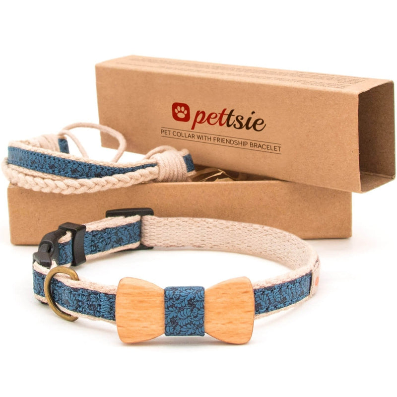 pettsie Matching Dog Collar Bow Tie & Owner Friendship Bracelet, Durable Hemp for Extra Safety, 3 Easy Adjustable Sizes, Comfortable and Soft, Strong D-Ring for Easy Leash Attachment S (26.7-36.8 cm) Blue - PawsPlanet Australia