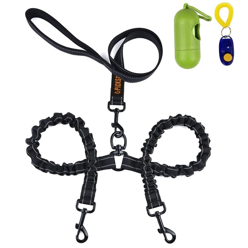 [Australia] - Dual Dog Leash,Double Dog Leash,360°Swivel No Tangle Double Dog Walking & Training Leash, Comfortable Shock Absorbing Reflective Bungee for Two Dogs with waste bag dispenser and dog training clicker Black 