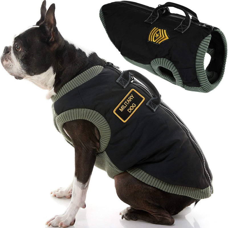 Gooby Military Vest Dog Jacket - Black, Large - Warm Zip Up Coat with Lift Handle and Dual D Ring Leash - Winter Stretch Chest Small Dog Sweater - Dog Clothes for Small Dogs Boy and Medium Dogs Large chest (17.25") - PawsPlanet Australia