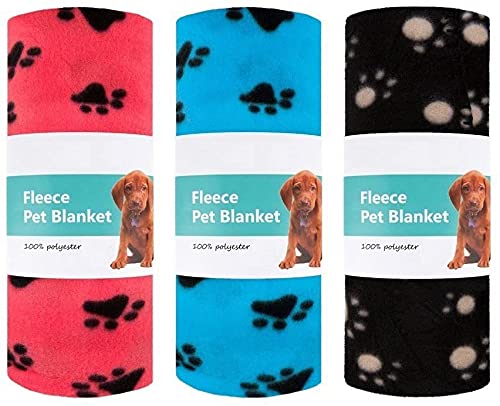 Invero® 3x Set of Pet Dog Cat Pupply Soft Warm Fleece Blanket with Paw Prints for Pet Beds, Floors, Cars, Mat and more - 100cm x 60cm - PawsPlanet Australia