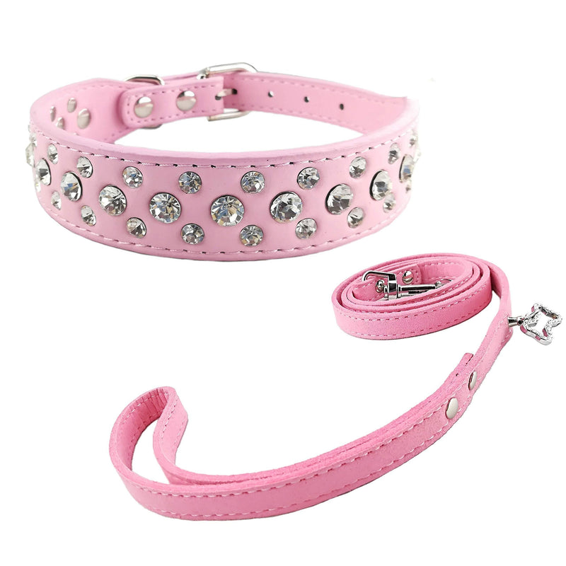 Newtensina Fashion Dog Collar and Lead Set Bling Puppies Collar Cute Diamante Dog Collar with Leashes - Pink - S - PawsPlanet Australia