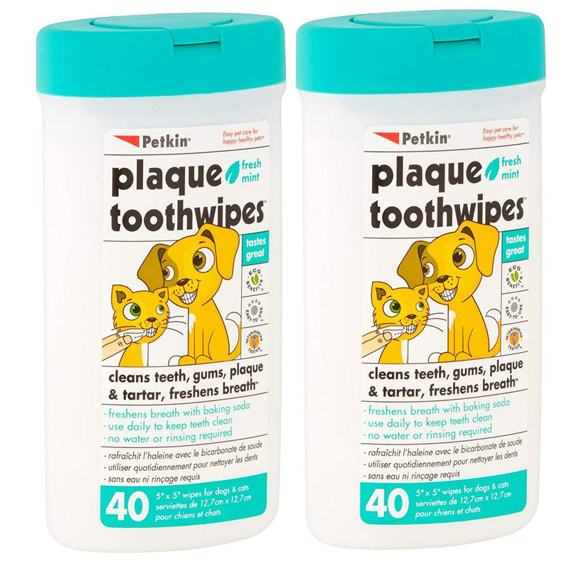 Petkin Plaque Toothwipes Fresh Mint 2 Packs of 40 Wipes - Cleans Teeth, Gums, Plaque & Tartar, freshens Breath. Tooth Wipe for cat or Dog. 40 Count (Pack of 2) - PawsPlanet Australia