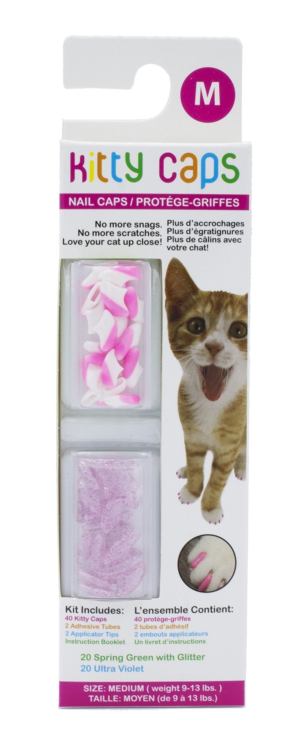Kitty Caps Nail Caps for Cats | Safe & Stylish Alternative to Declawing | Stops Snags and Scratches, Medium (9-13 lbs), White with Pink Tips & Clear with Pink Glitter - PawsPlanet Australia