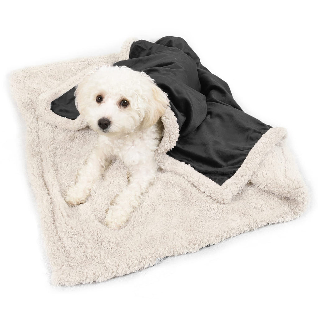 Puppy Fleece Blankets, Washable Sherpa Fluffy Cosy Warm Plush Pet Blankets for Small Dog Cat Kitten Double Thickness Throws 114 x 76 cm Black M ?114 x 76 cm? Black / Latte - PawsPlanet Australia