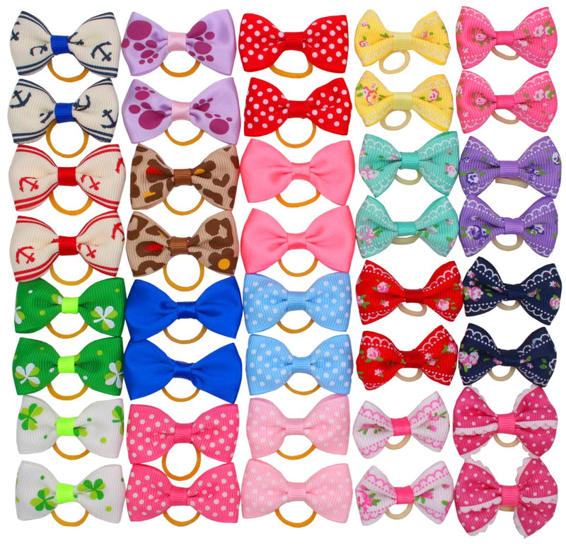 HOLLIHI 40 Pcs Adorable Grosgrain Ribbon Pet Dog Hair Bows with Elastics Ties - Stretchy Rubber Bands Doggy Kitty Topknot Grooming Accessories Set for Long Hair Puppy Cat - PawsPlanet Australia