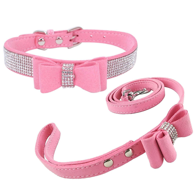 Newtensina Fashion Dog Collar and Lead with Bow Tie Bling Puppy Collar Leash with Bow for Dog - Pink - XS - PawsPlanet Australia