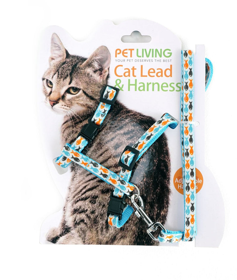 Pet Living Fully Adjustable Cat Harness and Lead/Leash/Collar Fish patterned (Bllue) Bllue - PawsPlanet Australia