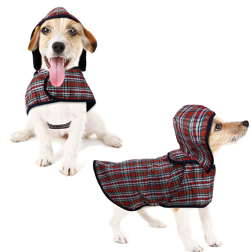 LeerKing Pet Dog Raincoat Rain Jacket with Hood and Harness Hole with Magic Sticker for Small and Medium Dogs Tartan, XS - PawsPlanet Australia