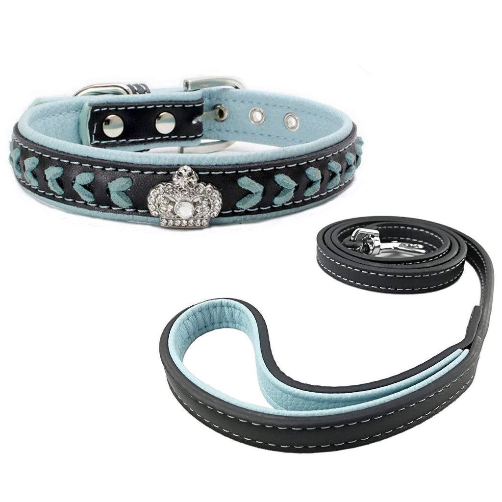 Newtensina Dog Collar and Lead Set Nylon Straps Woven Bling Collar Leather Diamante Puppy Collar with Leash for Dogs - Blue - S - PawsPlanet Australia