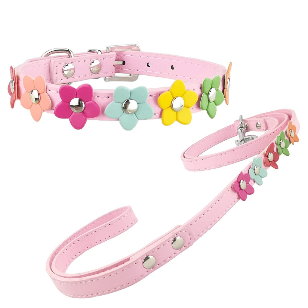 Newtensina Stylish Dog Collar and Lead Set Dog Collar Girl Flower Puppy Collars Leashes for Small Dogs with Flower - Pink - S - PawsPlanet Australia