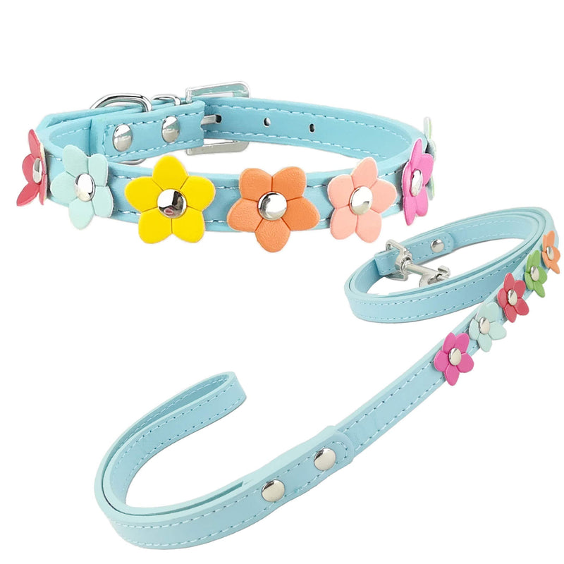 Newtensina Stylish Dog Collar and Lead Set Dog Collar Girl Flower Puppy Collars Leashes for Small Dogs with Flower - Blue - XS - PawsPlanet Australia