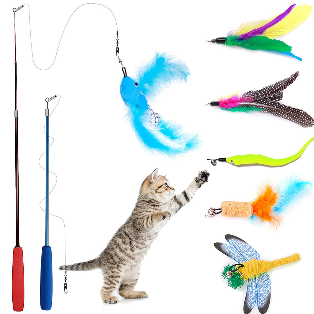 Wineecy 8 Pcs Cat Feather Toy, Cat Toy Wand, Teaser Wand Toy Set, Cat Toys Interactive Retractable Wand Rod with Assorted Feather Toy for Exercising Kitten or Cat (Double Wand) - PawsPlanet Australia