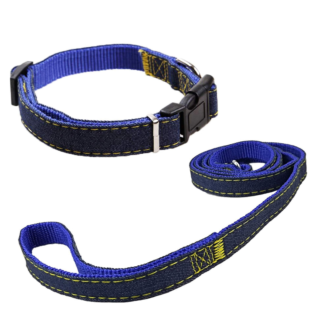 Newtensina Fashion Dogs Collar and Leash Set Denim Cloth Puppy Collar with Leashes for Dogs - Blue - S - PawsPlanet Australia