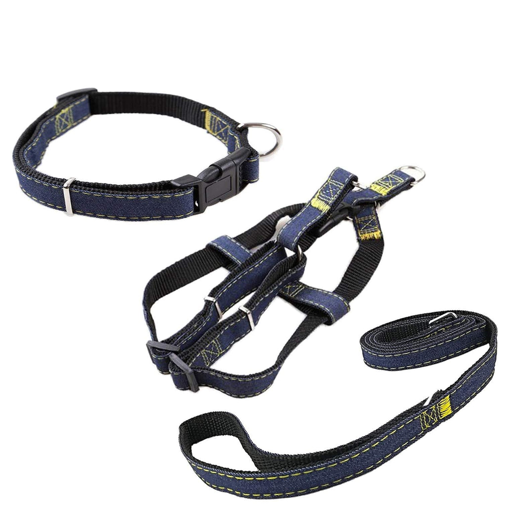 Newtensina Fashion Dogs Harness Collar and Leash Set Comfortable Denim Cloth Puppy Harness Collar with Leashes for Dogs - Black - S - PawsPlanet Australia