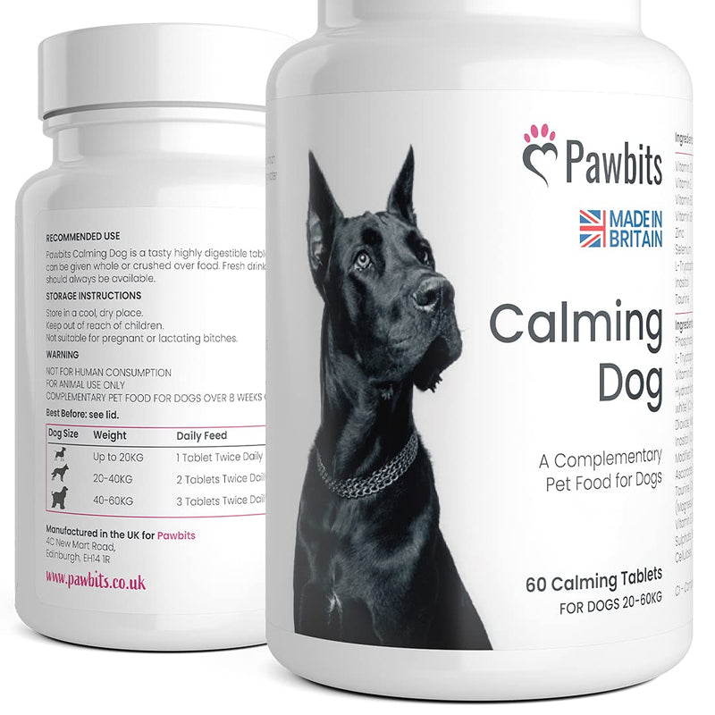 Pawbits Calming Tablets Supplement for Anxious & Hyperactive Dogs Calms Relaxes & Non-Sedative Dog Calming Tablets Fireworks, Behavioural Issues, Travel & Vet Visits Natural Calm Aid (60 Tablets) 60 Count (Pack of 1) - PawsPlanet Australia