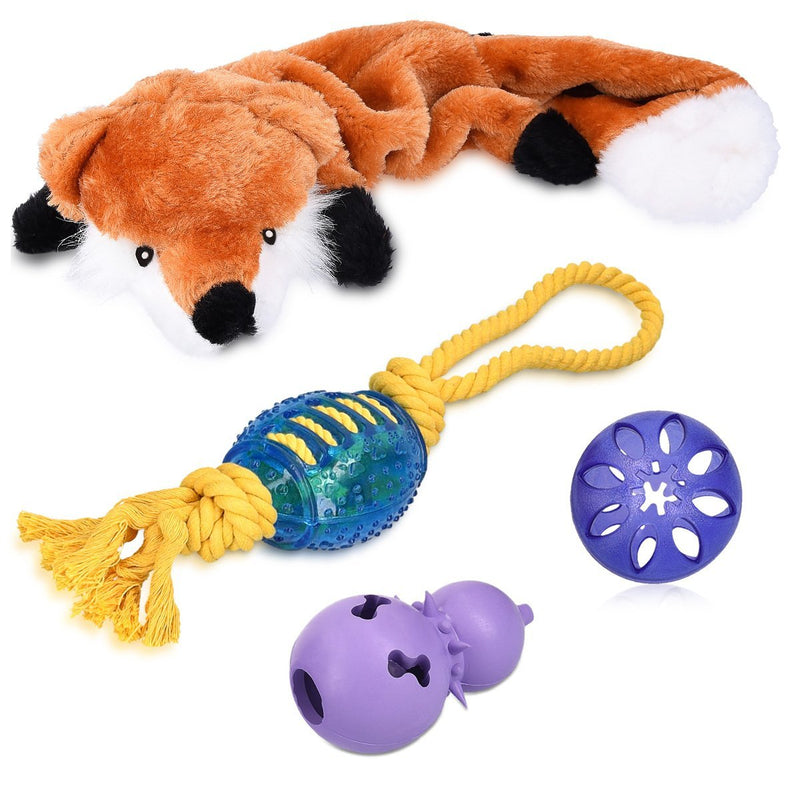 Navaris 4-in-1 Dog toy playing set - Dog toy set with a soft fox toy snack ball rugby rope toy snack game - Also for puppies - PawsPlanet Australia