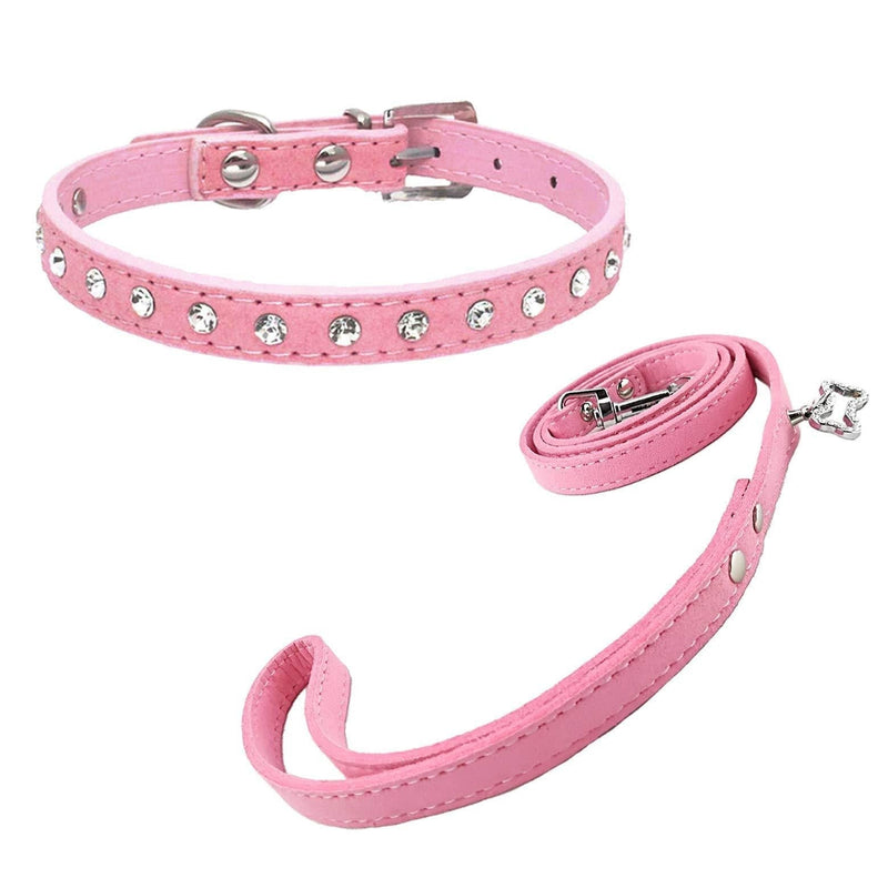 Newtensina Cute Diamante Puppy Collar and Leash Set Bling Suede Collar with Lead for Small Dogs Cats - Pink - S - PawsPlanet Australia