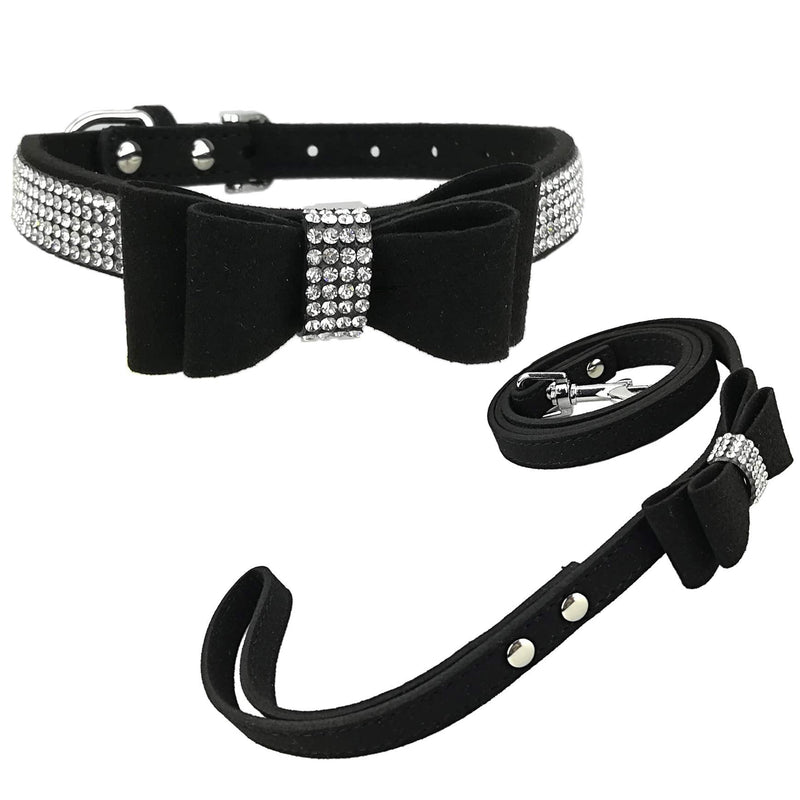 Newtensina Fashion Dog Collar and Lead with Bow Tie Bling Puppy Collar Leash with Bow for Dog - Black - XXS XX-Small - PawsPlanet Australia