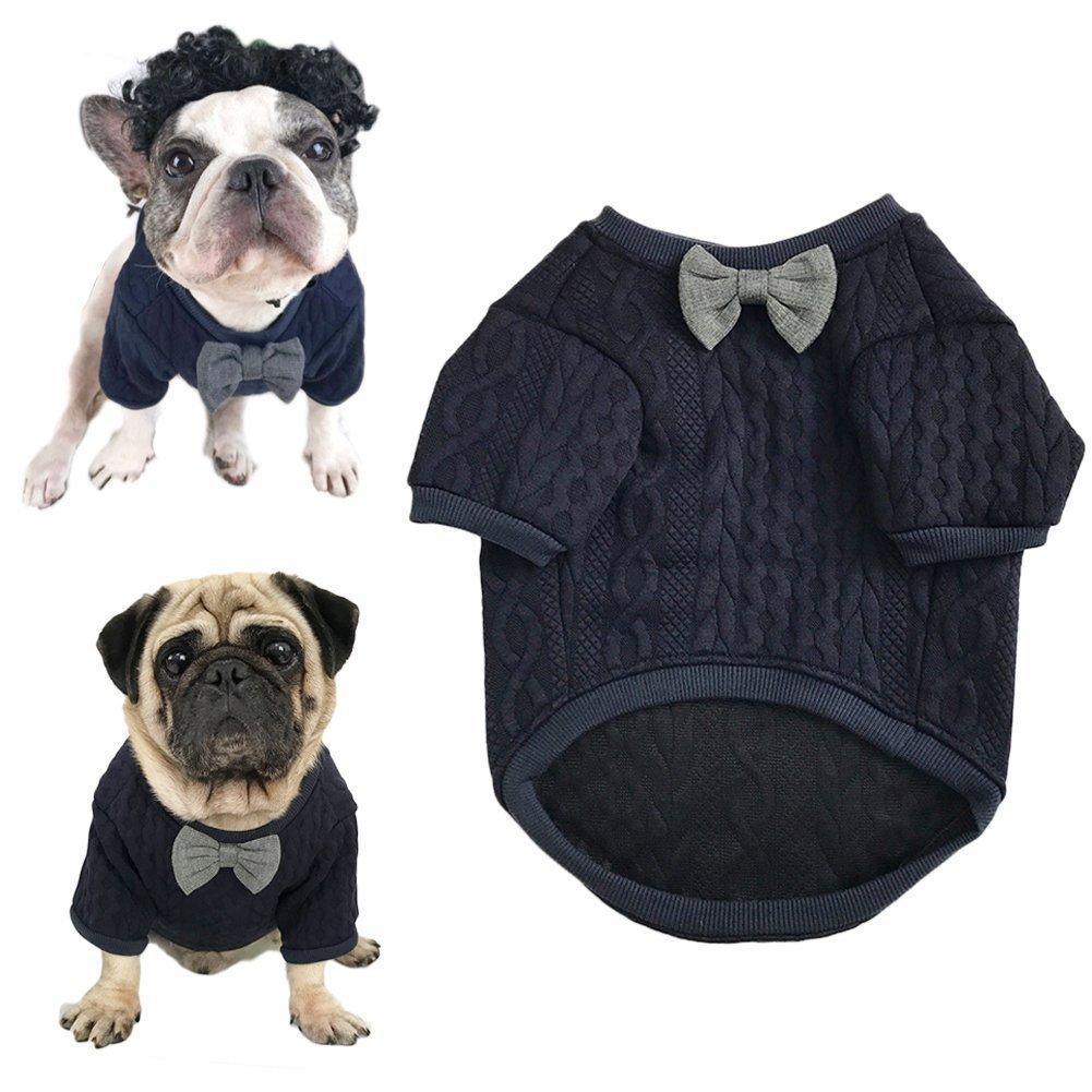 Meiwash Dog Bow tie sweater Pet Clothing Jacket Dogs Clothes Cute Pet Clothing Warm Dog Jumpers Cat Clothes Puppy French Bulldog clothes Pug clothes (Xl) XL Navy blue - PawsPlanet Australia