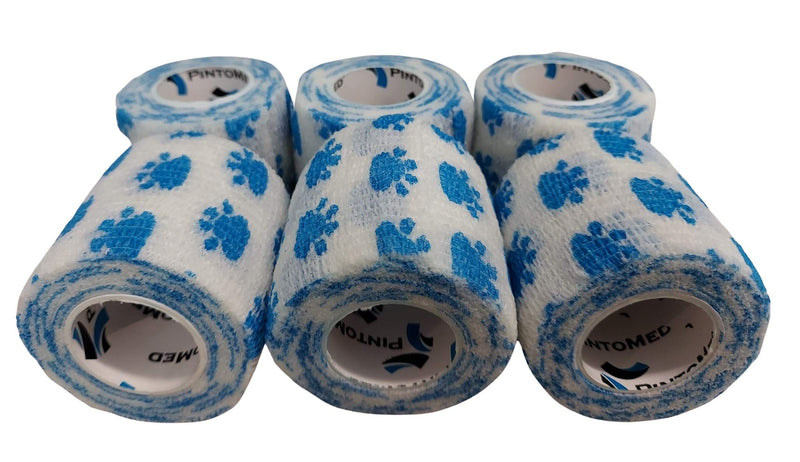 PintoMed- 6 DOG BLUE PAW Cohesive Bandage Stretched 6 Rolls x 5cm x 4.5m Self-adhesive Flexible Bandages, Professional Quality, First Aid Sports Wrap Bandages - Pack of 6 - PawsPlanet Australia