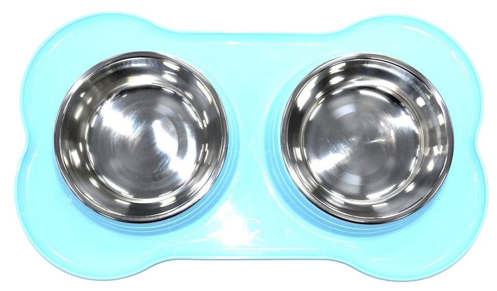 DOUBLE PET FEEDING STAINLESS STEEL BOWL WITH DOUBLE PLASTIC PET FEEDER DOG/CAT/ANY SMALL ANIMAL FOOD/WATER DISH (Blue) Blue - PawsPlanet Australia