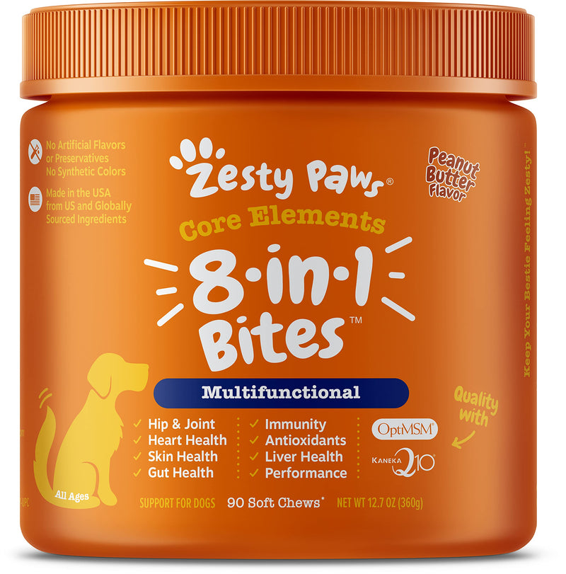 Zesty Paws, 5-in-1 Multivitamin Bites for Dogs, All Ages, Peanut Butter Flavour, 90 Soft Chews - PawsPlanet Australia