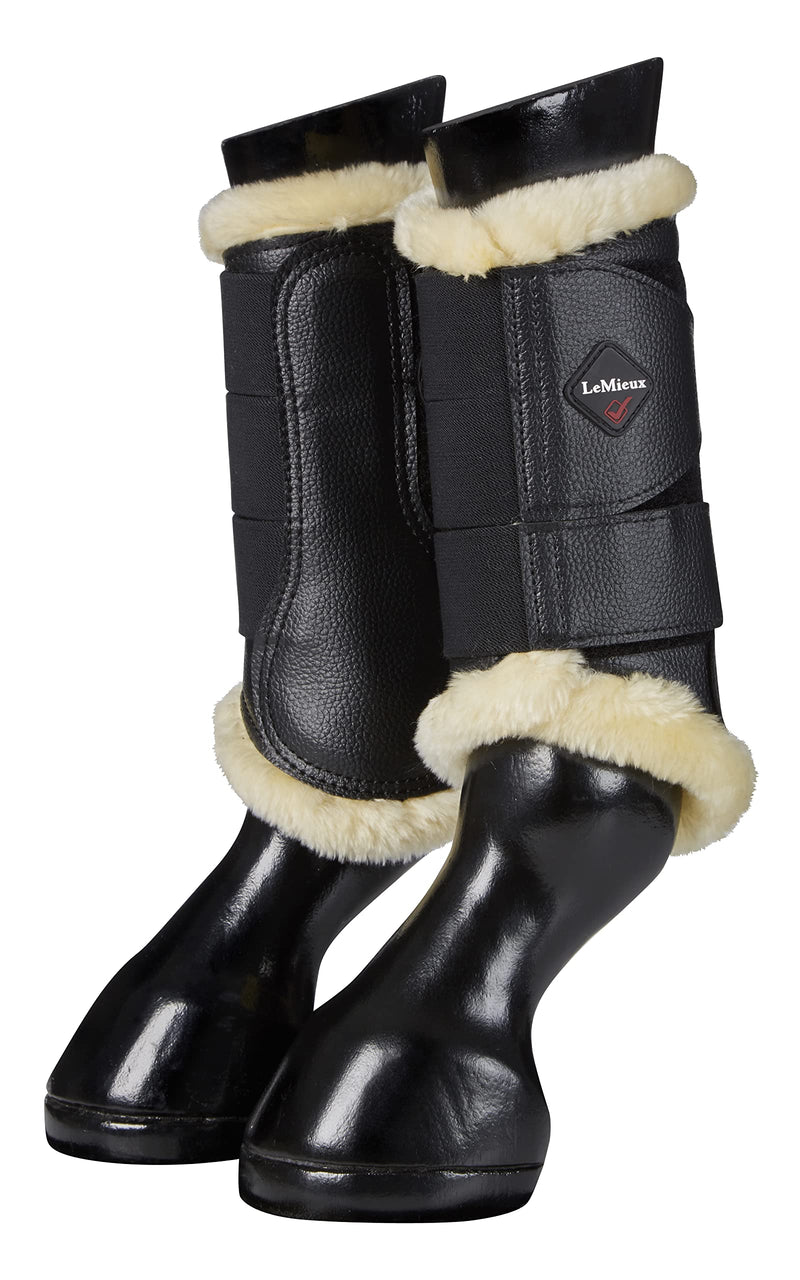 LeMieux Fleece Lined Horse Boots with Grained Faux Leather & Diamond Shaped Top Strap for Schooling, Turnout, Warming Up, Riding - M Black / Natural - PawsPlanet Australia