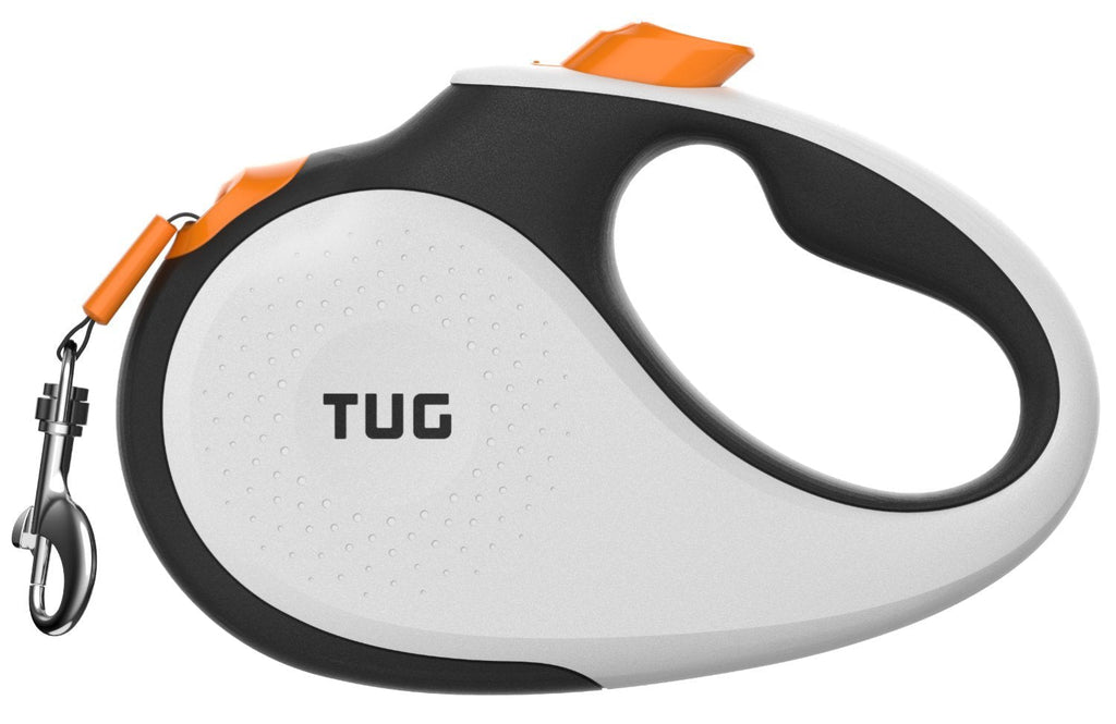TUG 360° Tangle-Free, Heavy Duty Retractable Dog Lead with Anti-Slip Handle; 16 ft Strong Nylon Tape/Ribbon; One-Handed Brake, Pause, Lock (Medium, White/Orange) Medium - PawsPlanet Australia
