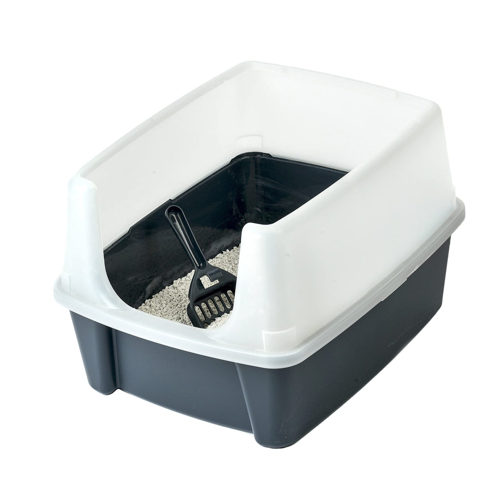 Iris Ohyama, Cat litter tray with high sides, no litter spill, removable high rim, entrance height: 15 cm, scoop included, for cat - Cat Litter Box CLH-12 - Grey Cat Litter Box - Grey - PawsPlanet Australia