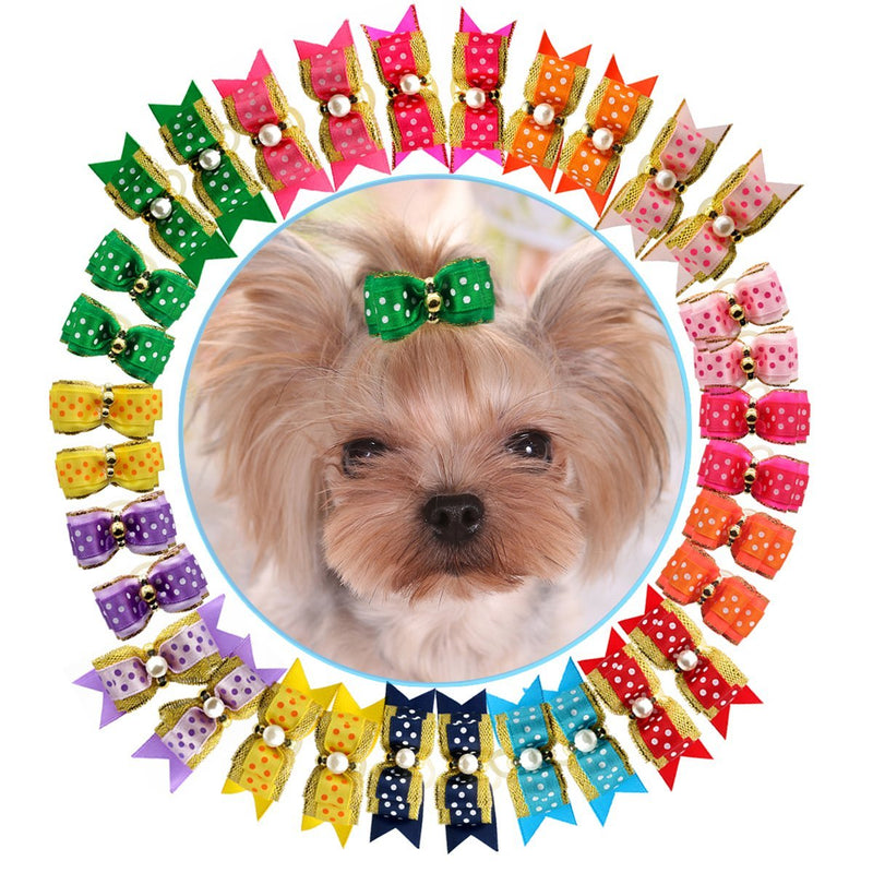 HOLLIHI 32 pcs/16 Pairs Adorable Grosgrain Ribbon Pet Dog Hair Bows with Elastic Rubber Bands - Doggy Kitty Bowknots Topknot Grooming Accessories Set for Long Hair Puppy Cat - PawsPlanet Australia