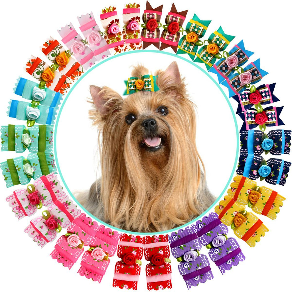 HOLLIHI 30 pcs/15 Pairs Adorable Grosgrain Ribbon Pet Dog Hair Bows with Elastic Rubber Bands - Doggy Kitty Bowknots Topknot Grooming Accessories Set for Long Hair Puppy Cat - PawsPlanet Australia