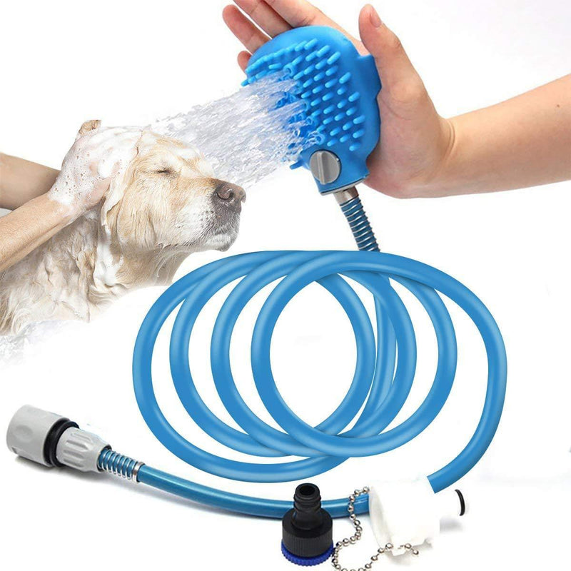 RCruning-EU Dog Shower Sprayer, Pet Brush Tool for Bathing Grooming Massage, Adjustable Hand Held Brush and Wipes 2 in 1, for Large Medium Small Dogs Cats Outdoor Bath (2.5 m, Blue) - PawsPlanet Australia