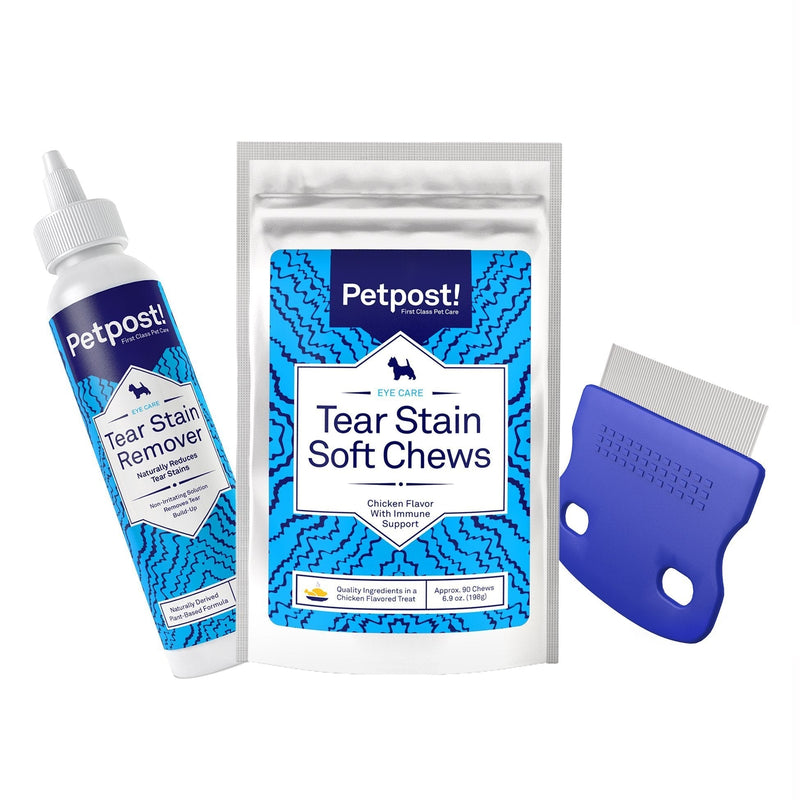 Petpost | Tear Stain Remover for White Dogs Starter Pack with Tear Stain Soft Chews, Eye Stain Remover, and Eye Crust Comb for Maltese, Shih Tzu, Bichon Frise (Tear Stain Starter Pack w/Soft Chews) - PawsPlanet Australia