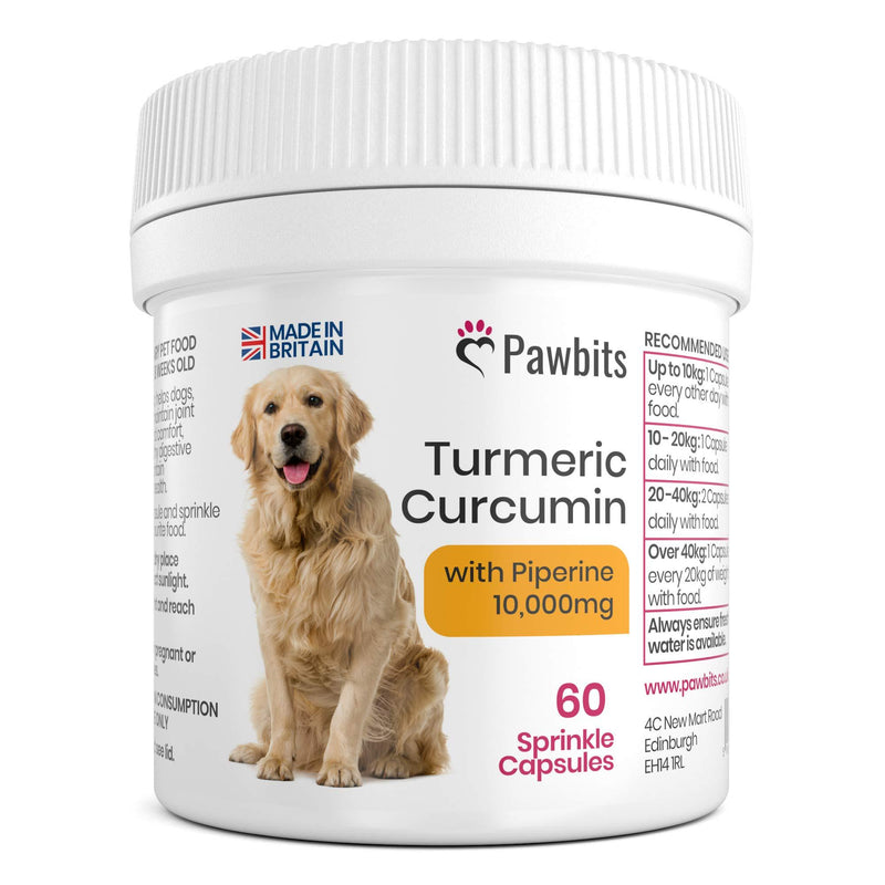 Turmeric for Dogs 500mg extract 10,000mg equivalent for Dogs 60 Sprinkle Capsules Turmeric with Piperine | Helps Support Joints and Hips | Pawbits Turmeric Aids Pain Relief For Dogs | UK Manufactured - PawsPlanet Australia