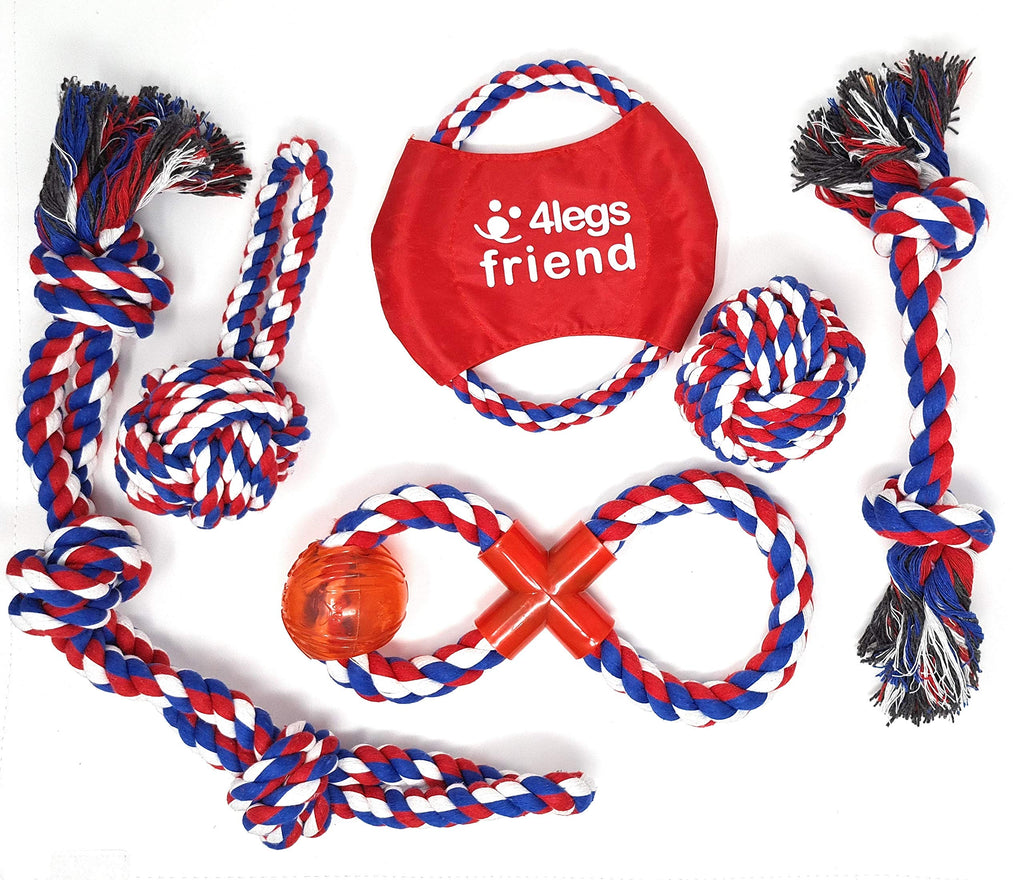 Dog Rope Toys - 6 Pack for Medium Large and XL Strong Dogs Who Love to Play Rough and are Aggressive Chewers. Strongest but not Indestructible, Red White and Blue Washable Cotton Tough Chewing toys - PawsPlanet Australia