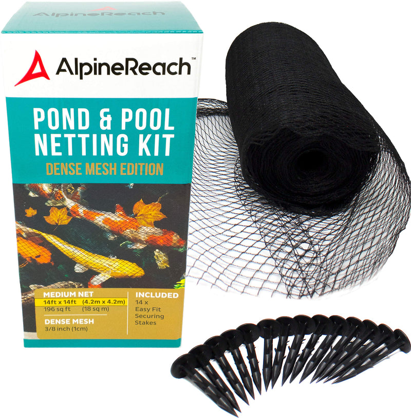 AlpineReach Koi Pond Netting Kit 4.5m x 4.5m Black Heavy Duty Woven Fine Mesh Net Cover for Leaves - Protects Koi Fish from Blue Heron Birds Cats Predators UV Protection - Reusable & Stakes Included 4.5x4.5m - PawsPlanet Australia