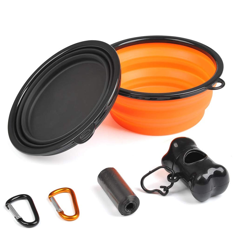 BUYGOO Large Collapsible Dog Travel Bowls Food Grade Silicone Foldable Dog Bowls with Carabiner, Dispenser and Waste Bags, Large Portable Dog Water Food Bowls for Small to Large Pet (Balck and Orange) - PawsPlanet Australia