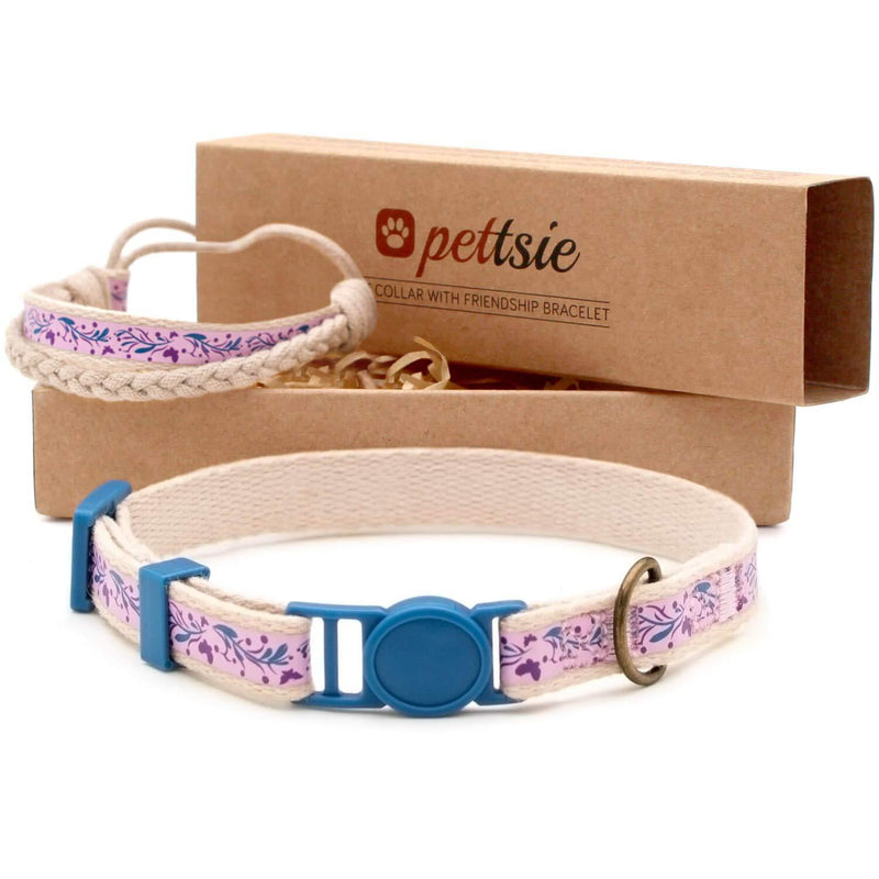 [Australia] - Pettsie Cat Collar Breakaway & Matching Friendship Bracelet, Eco-Friendly Gift Box, D-Ring for Accessories, 100% Cotton for Extra Safety & Comfort, Adjustable 7.5-11.5 Inch Purple 