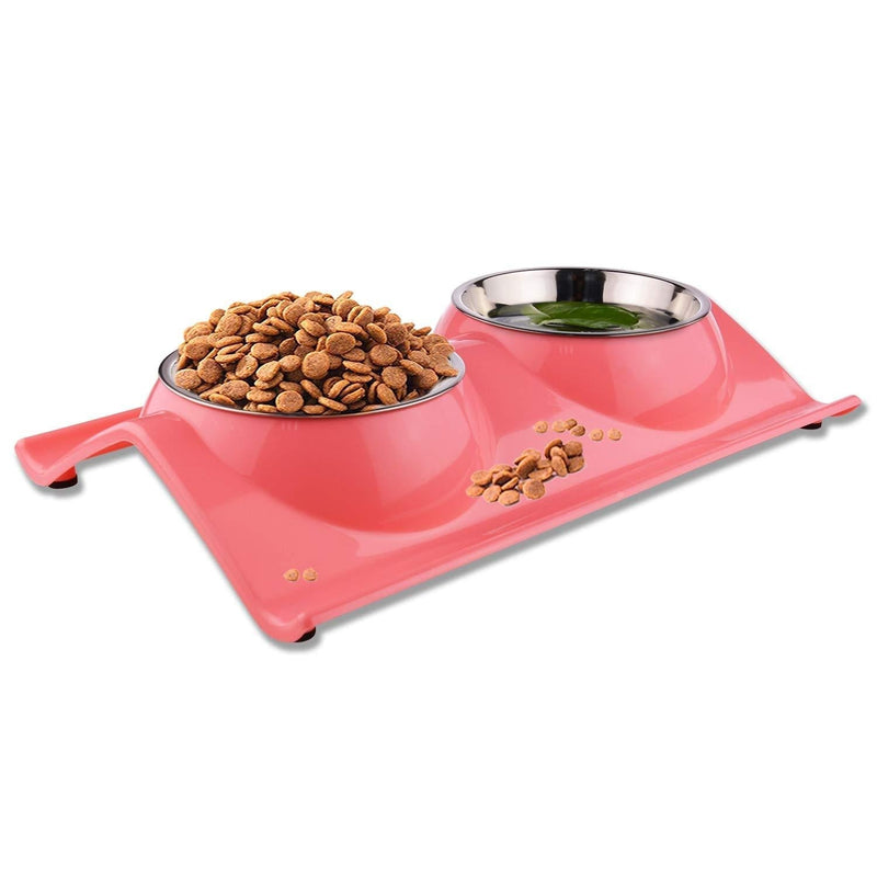 Pet Dog Bowl Food Water Dish Feeder Bowls Double Stainless Steel Cat Puppy Bowls No spill & No Skid for Small Animals (Pink) Pink - PawsPlanet Australia