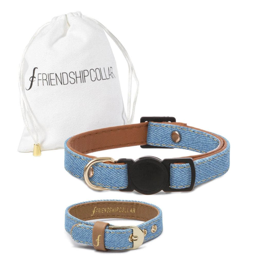 FriendshipCollar Cat Collar and Friendship Bracelet - Light Wash Denim - PawsPlanet Australia