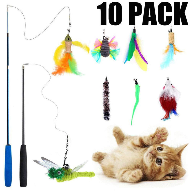 [Australia] - Teeyee [10 in 1 Cat Feather Toys, Cat Retractable Teaser Wand Toy Set, Interactive Cat Chaser Toy Exercising Kitten Cat, Included 2 Wands & 8 Refills Feathers 10 in 1 