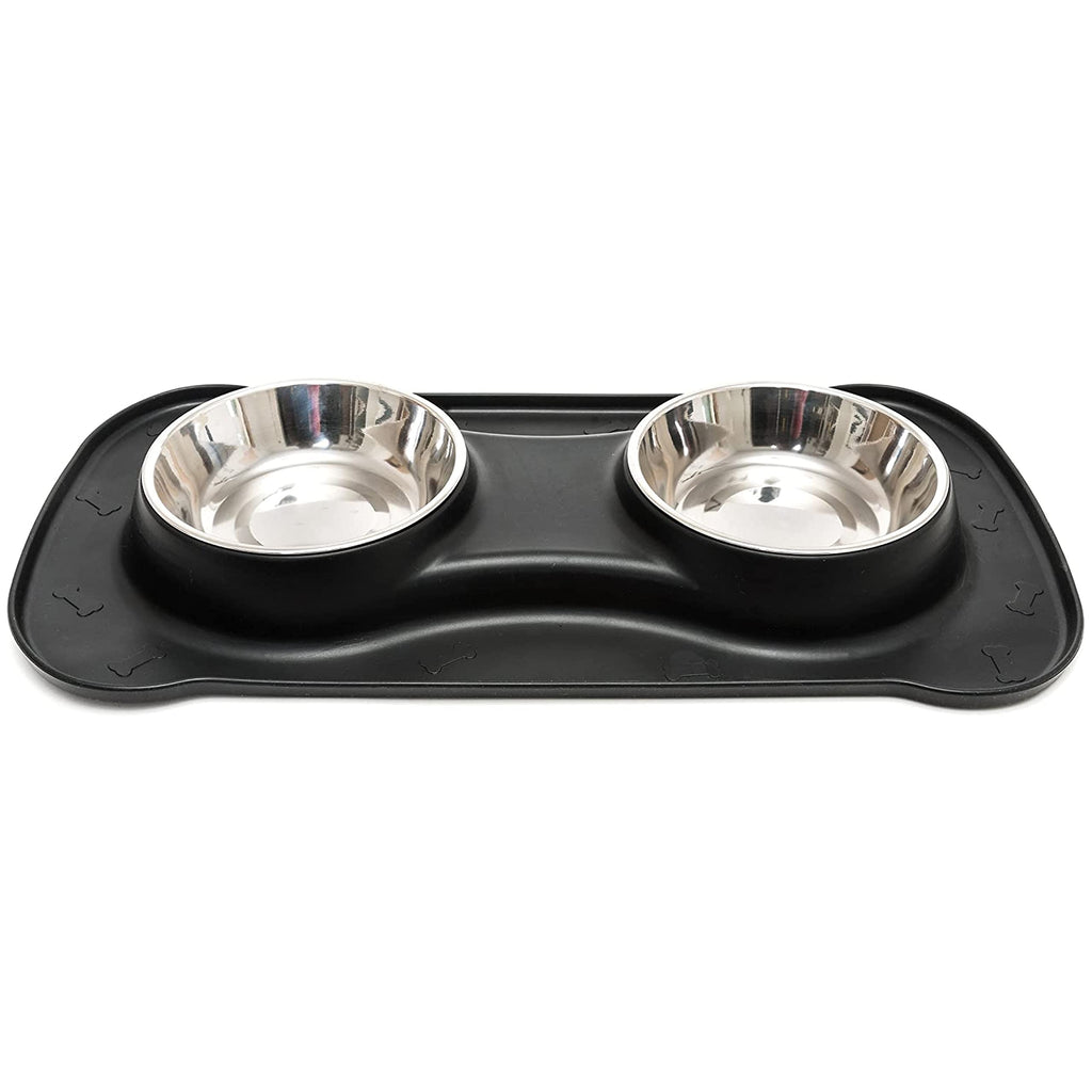 Happilax Double Dog Bowl for Small Dogs and Cats with Silicone Mat and 2 Stainless Steel Feeders S (2 x 200 ml) Black - PawsPlanet Australia