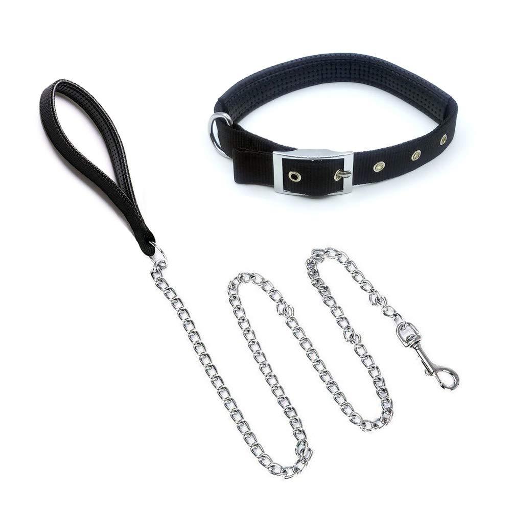 Dog Chain Leash, Heavy Duty Anti Chew Metal Basic Pet Leads with Padded Nylon Handle for Large Size Dog 1.2m Length, with Free Dog Collar (Size L, Leash + collar) L(Leash + collar) - PawsPlanet Australia