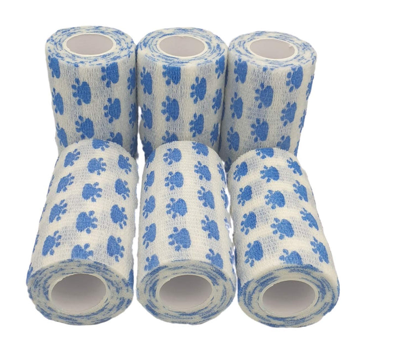PintoMed - 6 DOG BLUE PAW Cohesive Bandage Stretched 6 Rolls x 10cm x 4.5m Self-adhesive Flexible Bandages, Professional Quality, First Aid Sports Wrap Bandages - Pack of 6 - PawsPlanet Australia