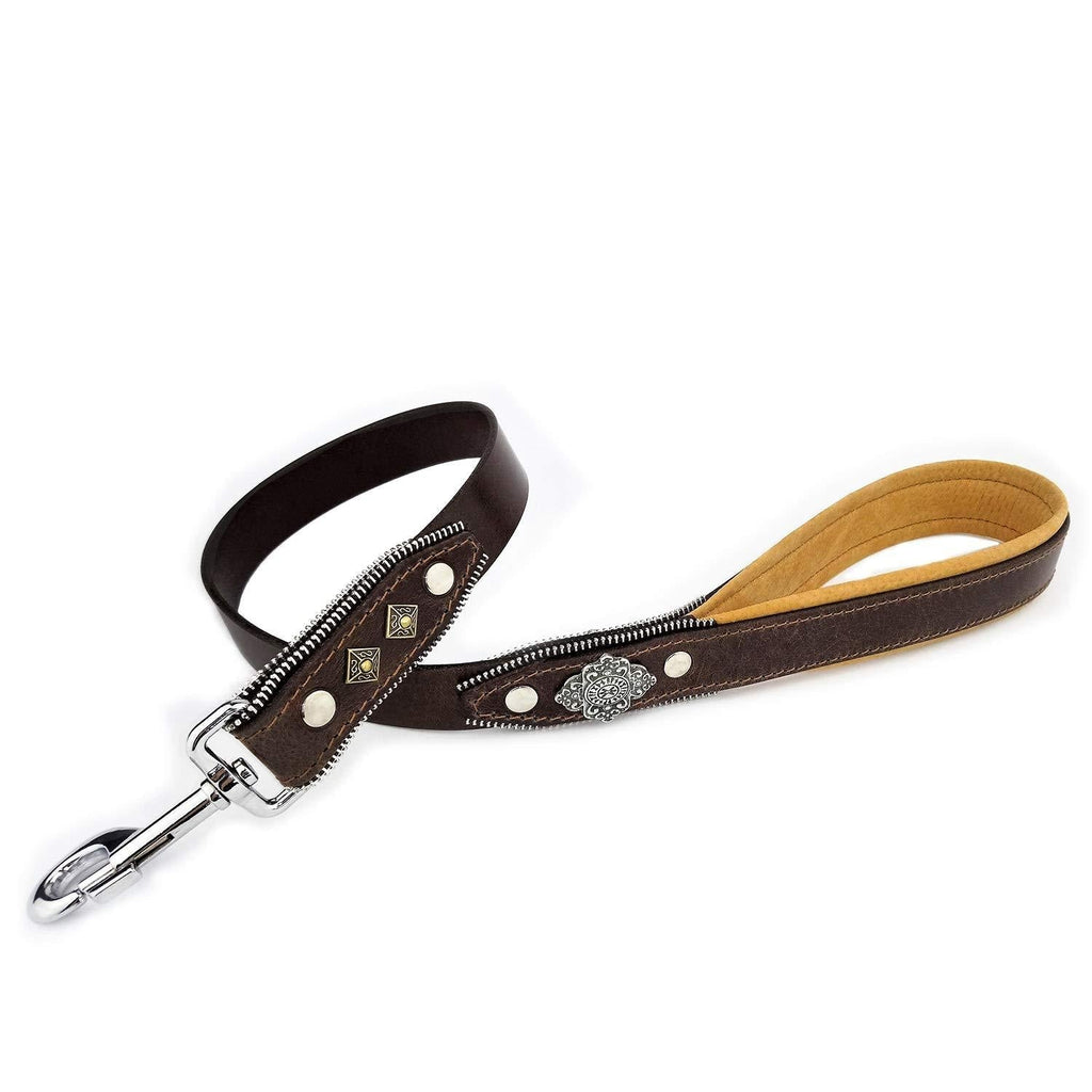Bestia Aztec genuine leather heavy duty short leash. 35.5 inch long, 1.2 inch wide. Soft padded handle. Handmade quality Brown & Tan - PawsPlanet Australia